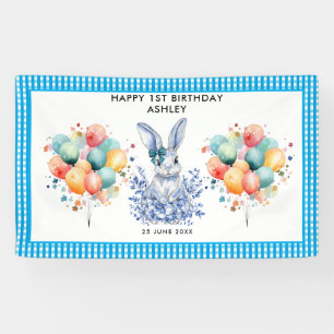  Blue Floral Rabbit 1st Birthday for Kids Banner