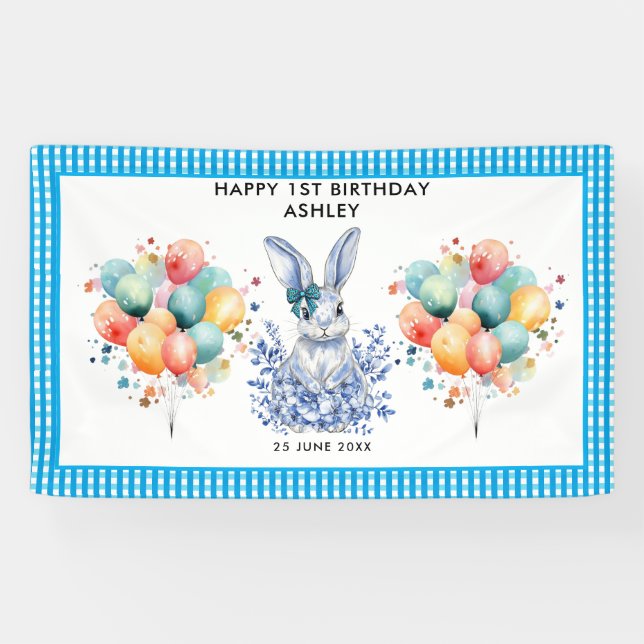  Blue Floral Rabbit 1st Birthday for Kids Banner (Horizontal)