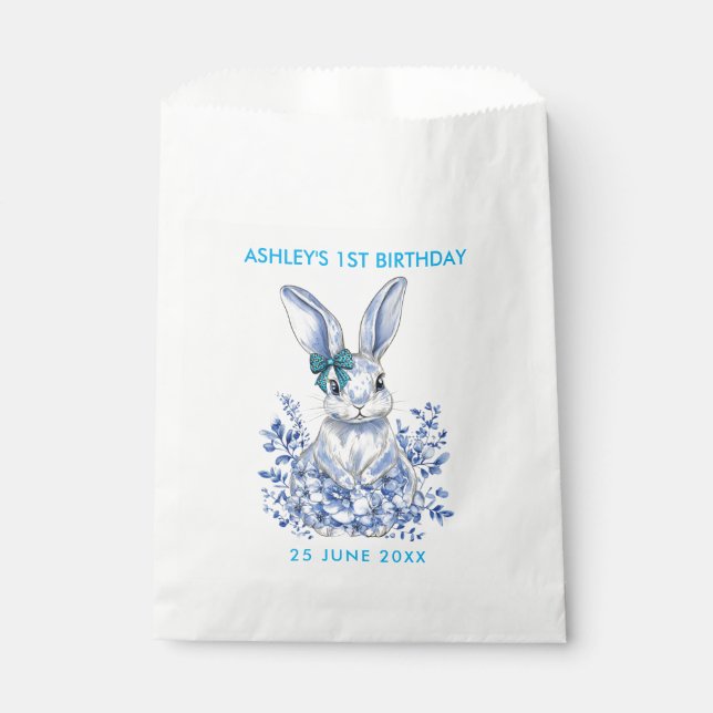  Blue Floral Rabbit 1st Birthday for Kids Favour Bags (Front)