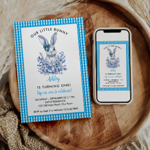 Blue Floral Rabbit 1st Birthday for Kids Invitation