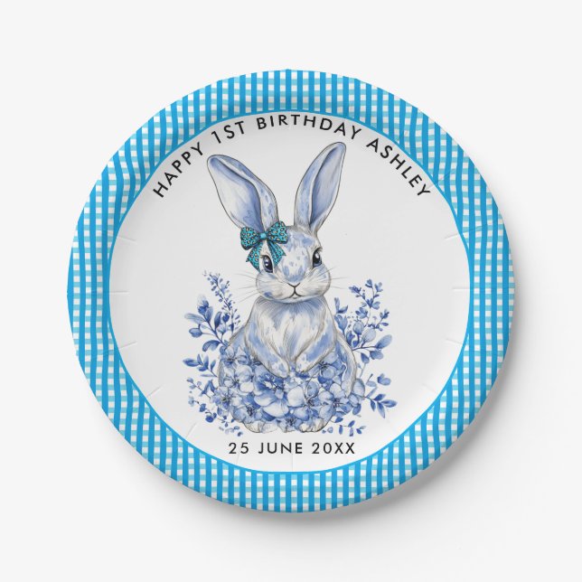  Blue Floral Rabbit 1st Birthday for Kids Paper Plate (Front)