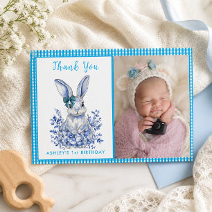 Blue Floral Rabbit Theme for 1st Birthday Gratitud Thank You Card