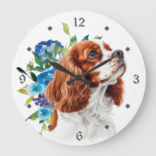 Blue Floral Red Cavalier King Charles Spaniel Dog Large Clock