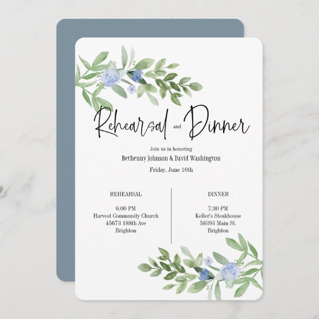 Blue Floral Rehearsal And Dinner Invitation (Front/Back)