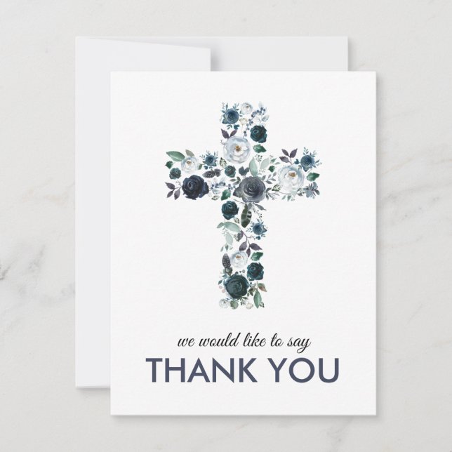 Blue Floral Religious Cross Photo Thank You Card (Front)