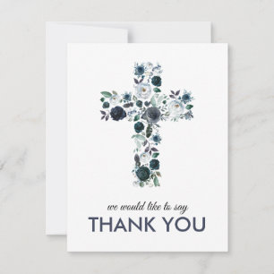 Blue Floral Religious Cross Photo Thank You Card