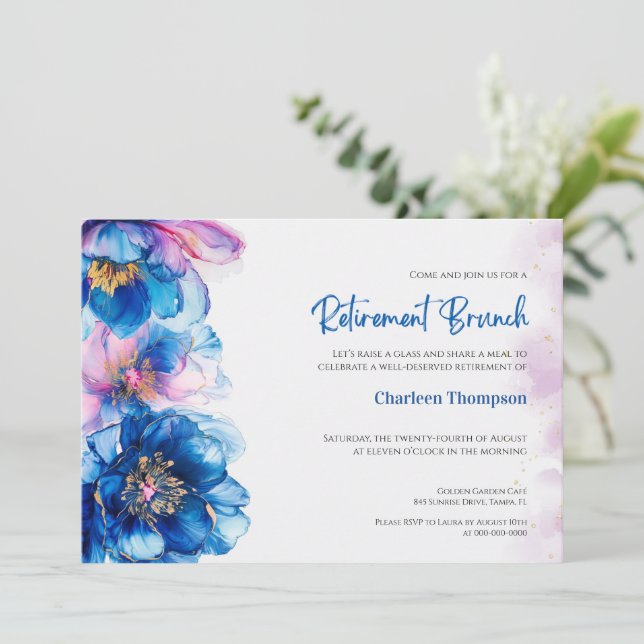 Blue Floral Retirement Brunch Invitation (Standing Front)