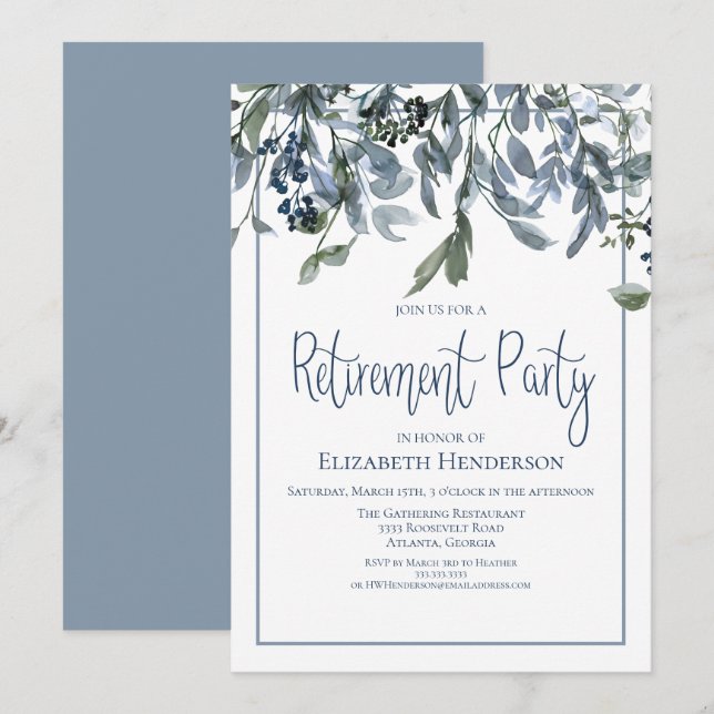 Blue Floral Retirement Party Invitation (Front/Back)