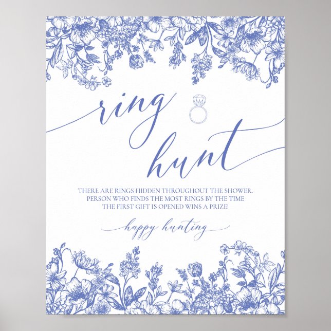 Blue Floral Ring Hunt Bridal Shower Game Sign (Front)