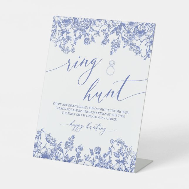 Blue Floral Ring Hunt Bridal Shower Game Sign (Front)