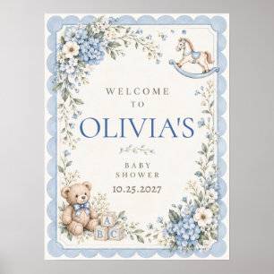 Blue Floral Rocking Horse Baby Shower Poster
