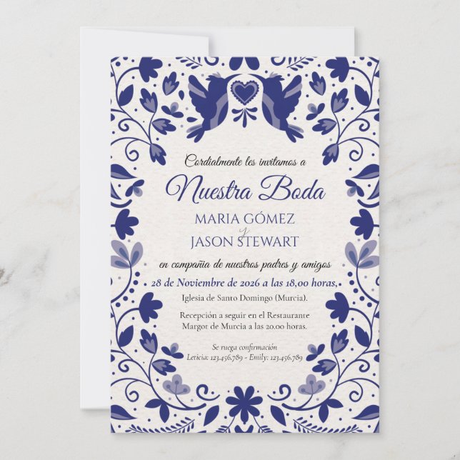 Blue Floral Romantic Aesthetic Spanish Wedding Invitation (Front)