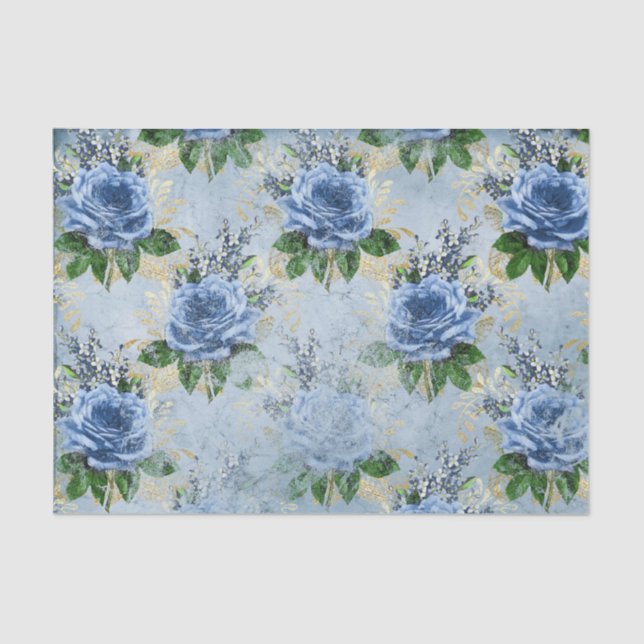 Blue Floral Rose Ephemera Tissue Paper (Front)
