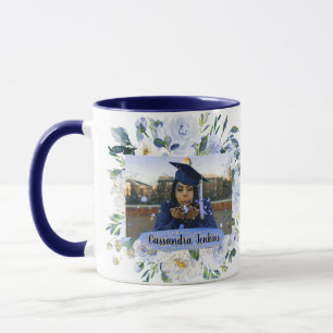 Blue Floral Rose Graduation Personalised Photo Mug