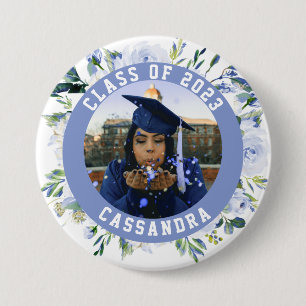 Blue Floral Rose Graduation Photo 7.5 Cm Round Badge