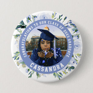 Blue Floral Rose Graduation Photo Button