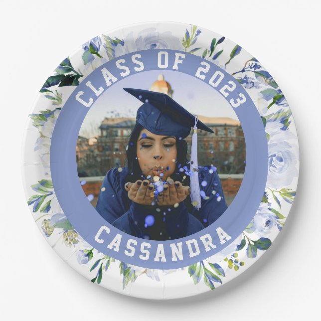 Blue Floral Rose Graduation Photo Paper Plate (Front)