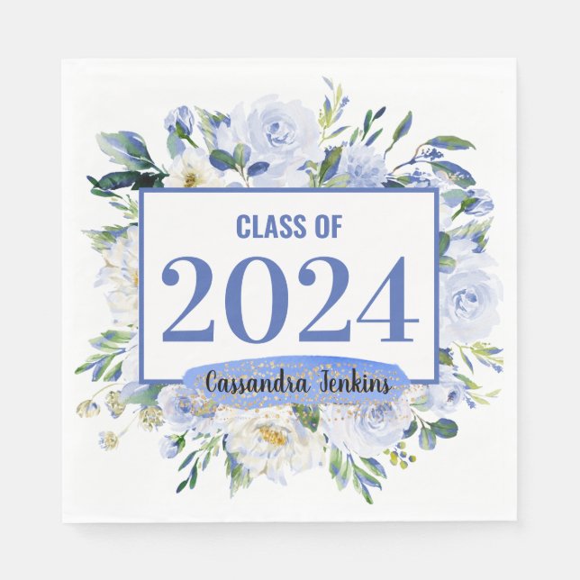 Blue Floral Rose Graduation Year Napkin (Front)