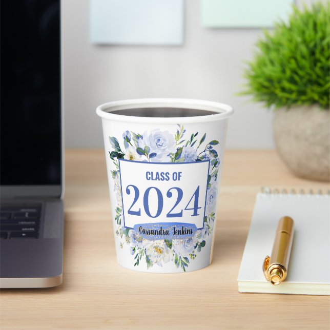 Blue Floral Rose Graduation Year Paper Cups (Insitu)