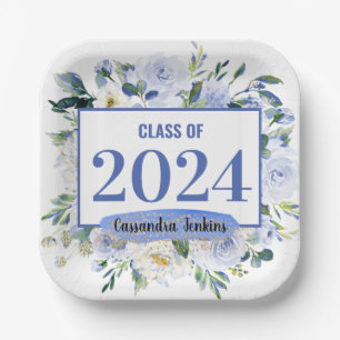 Blue Floral Rose Graduation Year Paper Plate