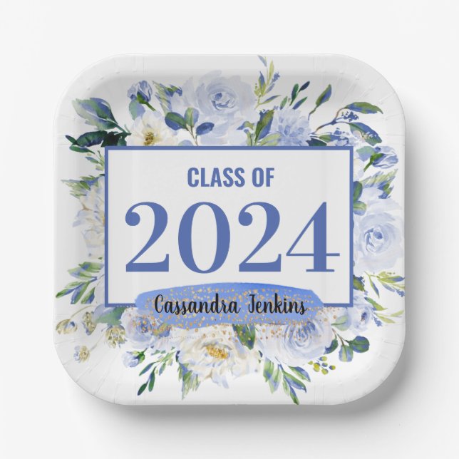 Blue Floral Rose Graduation Year Paper Plate (Front)