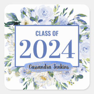 Blue Floral Rose Graduation Year Square Sticker