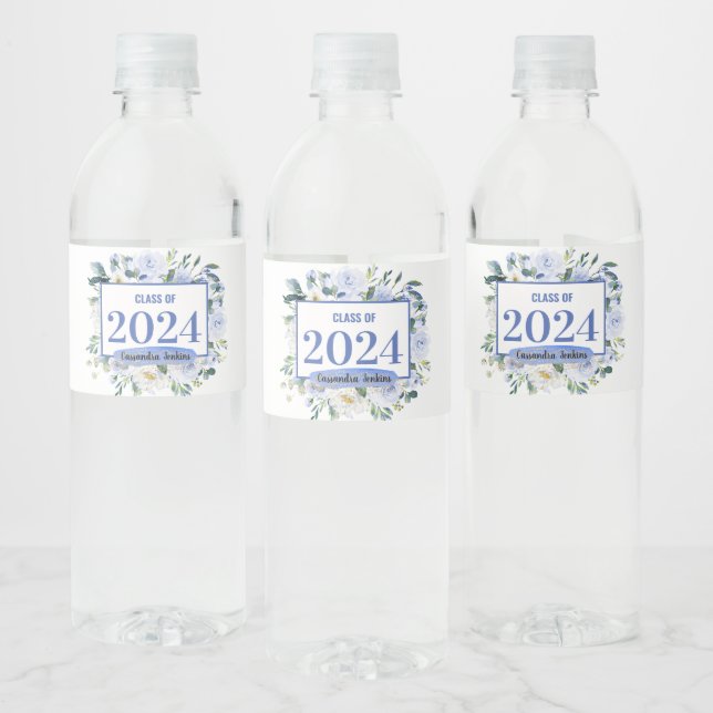 Blue Floral Rose Graduation Year Water Bottle Label (Bottles)