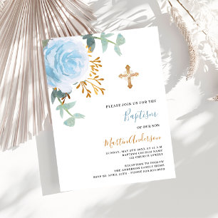 Blue floral rose greenery gold cross boy baptism invitation postcard