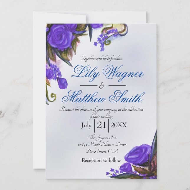 Blue Floral Rose Greenery Wedding Invitation (Front)