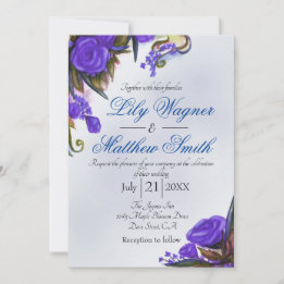 Blue Floral Rose Greenery Wedding Invitation