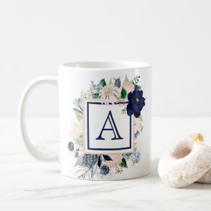 Blue Floral Rose Monogram  Coffee Mug