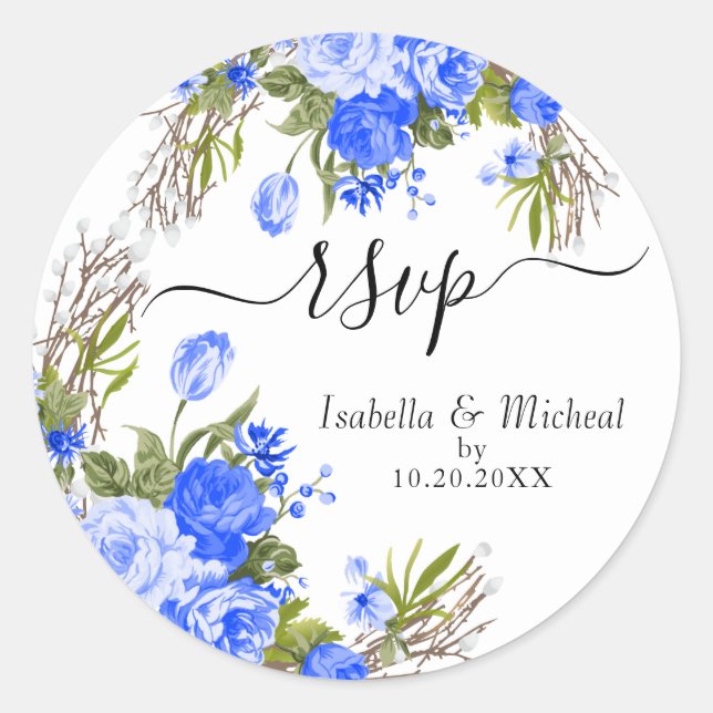Blue Floral -RSVP Classic Round Sticker (Front)