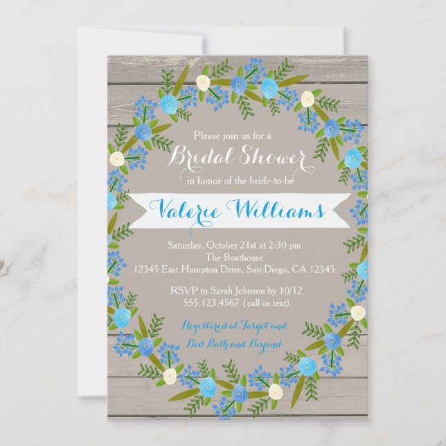 Blue Floral Rustic Bridal Shower Invitation Invite (Front)
