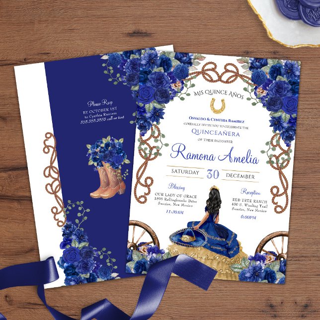 Blue Floral Rustic Charro Western Quinceañera  Invitation (Creator Uploaded)