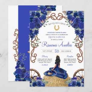 Blue Floral Rustic Charro Western Quinceañera  Invitation