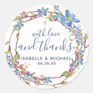 Blue Floral Rustic Grapevine Wedding Thank You Classic Round Sticker