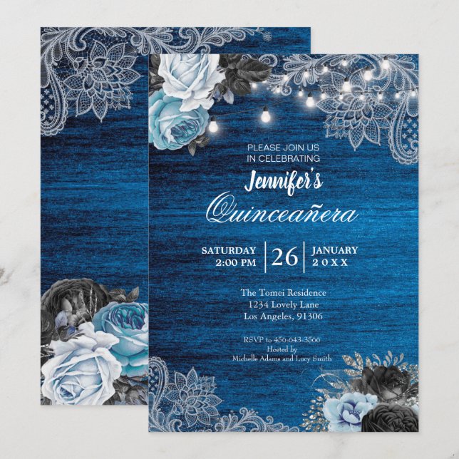 Blue Floral Rustic Quinceanera Invitation (Front/Back)