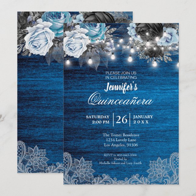 Blue Floral Rustic Quinceanera Invitation (Front/Back)