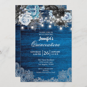 Blue Floral Rustic Quinceanera Invitation