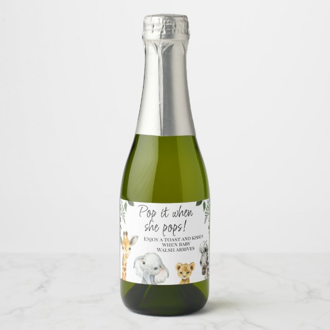 Blue Floral Safari Animals Baby Shower Pop It Sparkling Wine Label (Front)