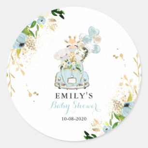 Blue Floral Safari Animals Drive By Baby Shower Classic Round Sticker