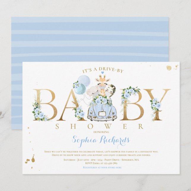 Blue Floral Safari Animals Drive By Baby Shower Invitation (Front/Back)