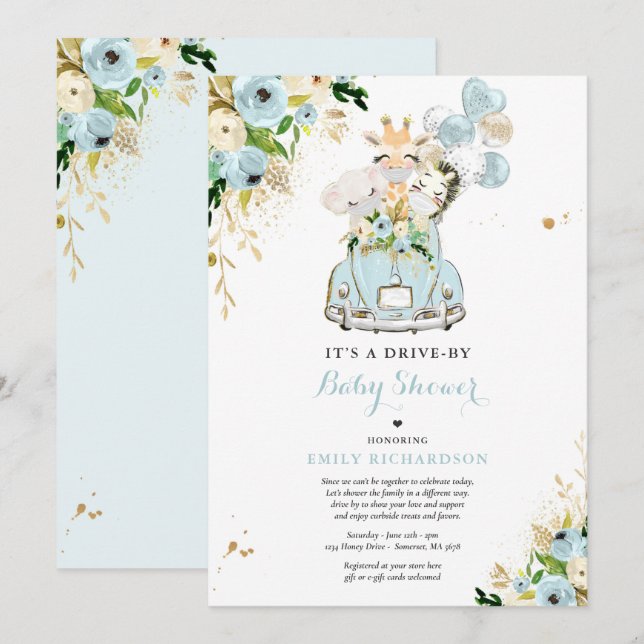 Blue Floral Safari Animals Drive By Baby Shower Invitation (Front/Back)