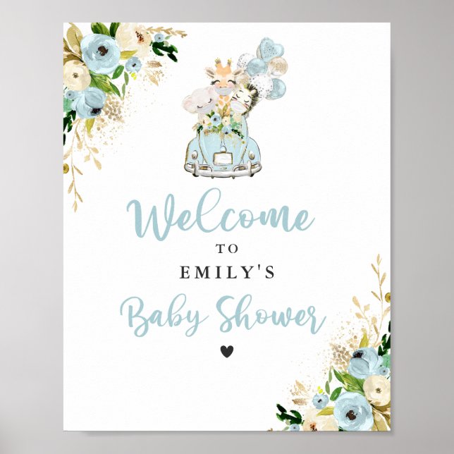 Blue Floral Safari Animals Drive By Baby Shower Poster (Front)