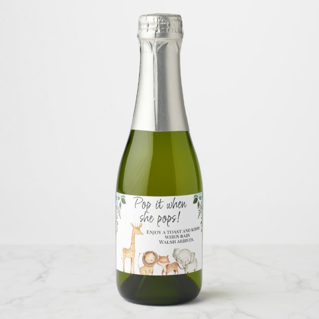 Blue Floral Safari Baby Shower Pop It Sparkling Wi Wine Label (Front)