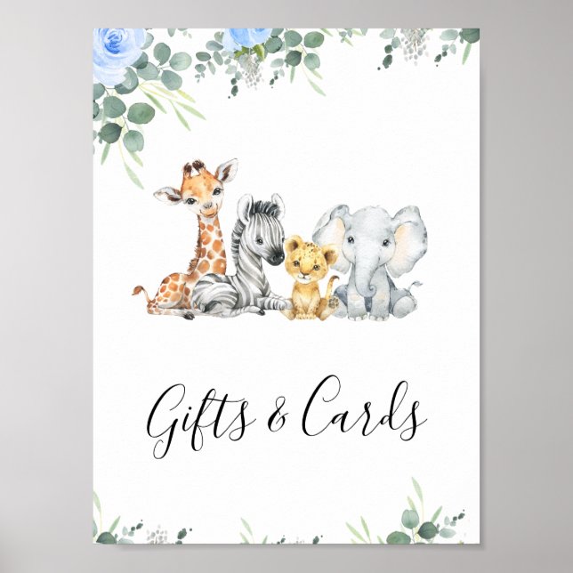 Blue Floral Safari Baby Shower Table Top Sign (Front)