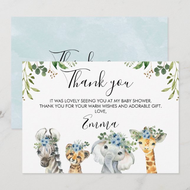 Blue Floral Safari Baby Shower Thank You Card (Front/Back)