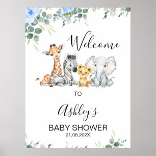 Blue Floral Safari Baby Shower Welcome Sign