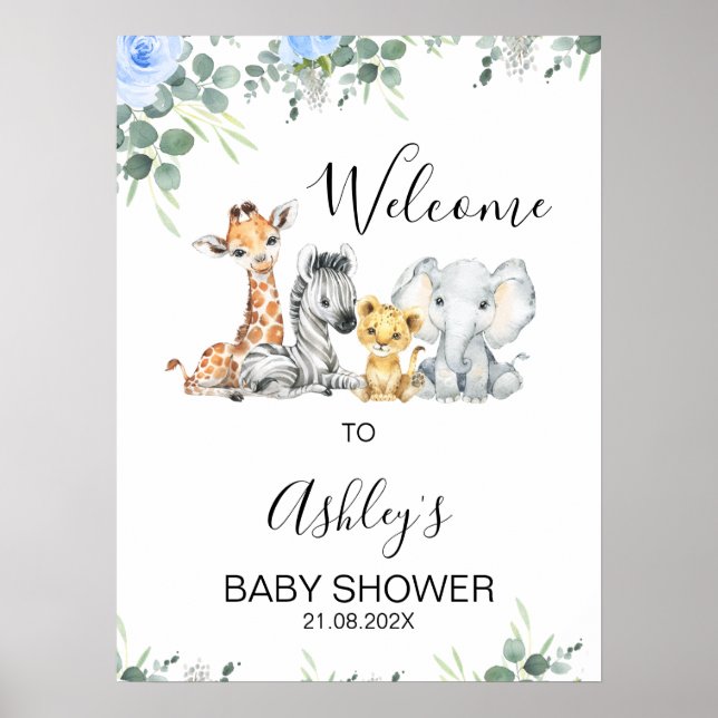 Blue Floral Safari Baby Shower Welcome Sign (Front)