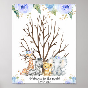 Blue Floral Safari Fingerprint Guestbook Poster